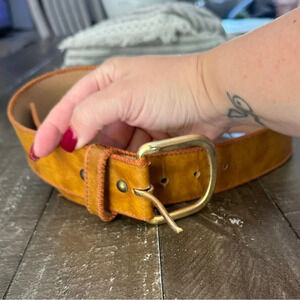 BELT MAKERS UNION Bonded Leather Belt Cognac Size 44 Gold Hardwear‎ 2” Buckle